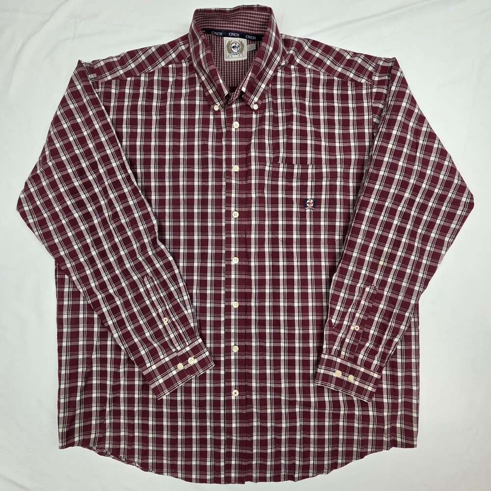 Cinch Mens Plaid Button Down Shirt XL Burgundy White Western Long Sleeve